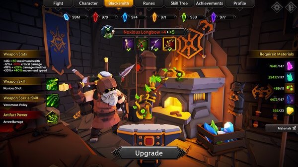 Soulstone Survivors screenshot: Blacksmith upgrading a Noxious Longbow beside a glowing forge, with materials listed on the right.