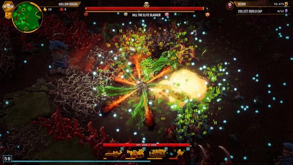 Screenshot from Deep Rock Galactic: Survivor showing a dwarf battling hordes of enemies with vibrant explosions and abilities.
