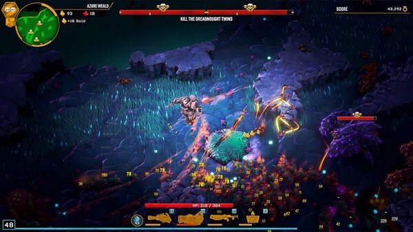 Screenshot from Deep Rock Galactic: Survivor showing a character battling alien creatures in a rocky, illuminated cave environment.