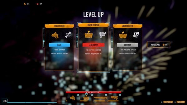Screenshot from Deep Rock Galactic: Survivor showing a level-up screen with choices for weapon upgrades: Rare, Legendary, and Common.