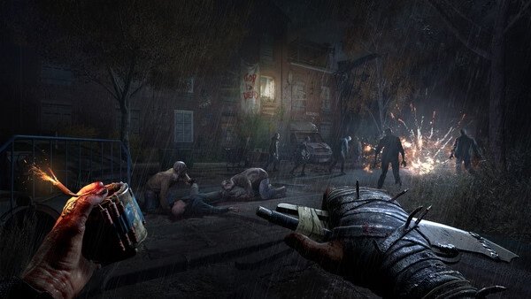 A screenshot from Dying Light: The Beast showing a knife-wielding player facing zombies in a dark, rainy street with explosions nearby.