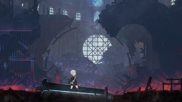 Screenshot from ENDER MAGNOLIA: Bloom in the Mist showing a character standing in front of a ruined, misty cathedral scene.