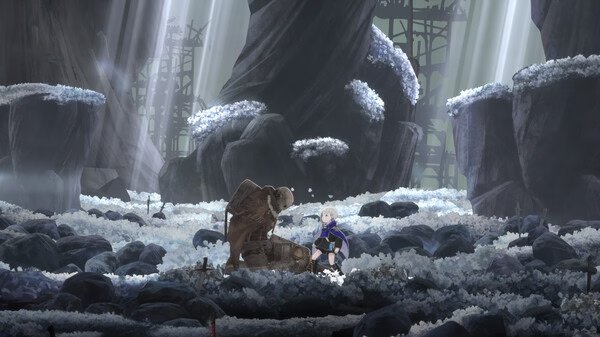 Screenshot from ENDER MAGNOLIA: Bloom in the Mist showing a character kneeling beside a stone figure in a snowy landscape.