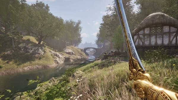 A lush, vibrant landscape with a river and bridge in The Elder Scrolls IV: Oblivion Remastered screenshot. Sword in hand.