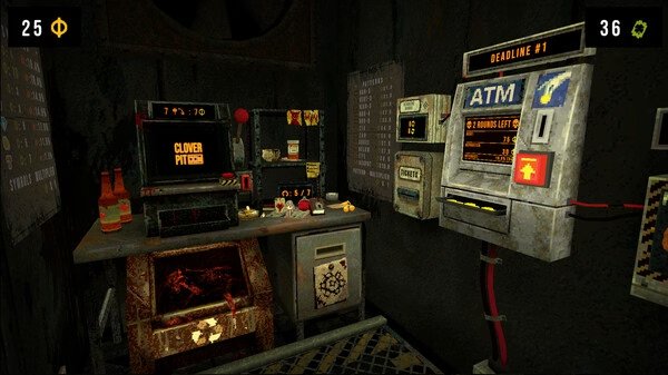 CloverPit screenshot: A dimly lit room with an ATM, a machine displaying "CloverPit," and scattered items on a cluttered table.