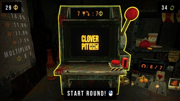 CloverPit screenshot showing a vintage arcade machine with a lever and buttons, displaying the game's title on the screen.