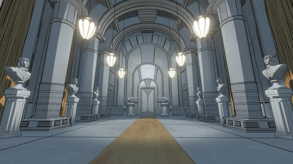 Screenshot from Blue Prince: An ornate hall with columns and statues lining the walls, illuminated by elegant hanging lamps.