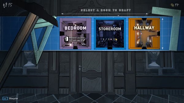 Blue Prince screenshot: A selection screen displays three rooms—Bedroom, Storeroom, and Hallway—available for drafting.
