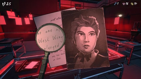 Screenshot from Blue Prince: A magnifying glass hovers over a mysterious document and photo in a dimly lit room.
