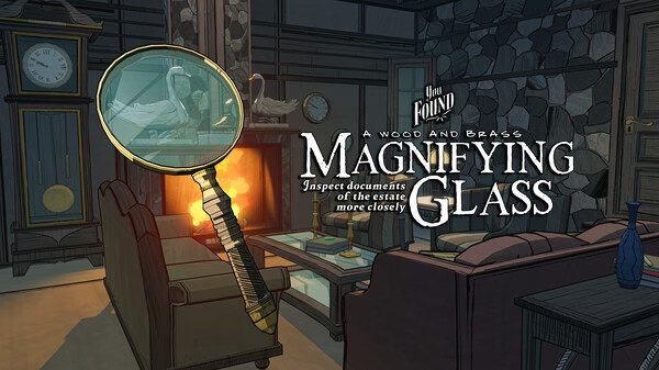 Blue Prince screenshot: A magnifying glass hovers over a cozy room with a fireplace, furniture, and a clock, highlighting investigation tools.
