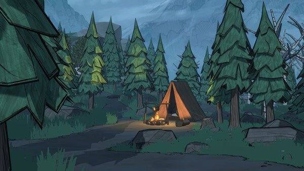 Screenshot from Blue Prince: A serene forest scene with a glowing campfire beside a tent, surrounded by tall, lush trees.
