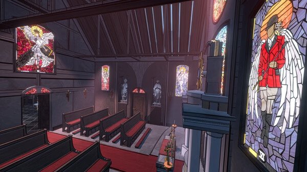Screenshot from Blue Prince showing a detailed church interior with stained glass windows and empty pews.