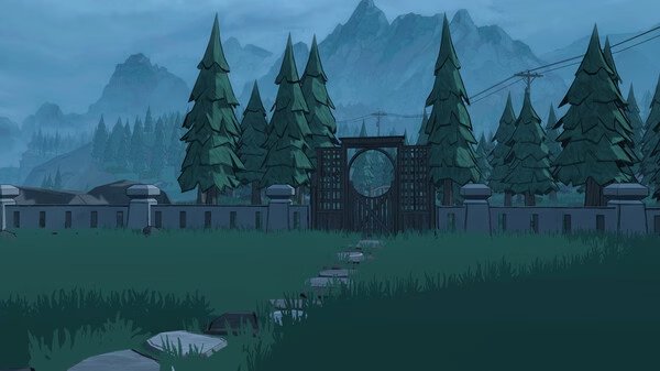 Screenshot from Blue Prince showing a serene landscape with trees, mountains, and a pathway leading to a gated entrance.