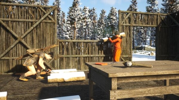 SCUM screenshot: Two characters in winter gear craft wooden logs inside a rustic cabin surrounded by snowy trees.