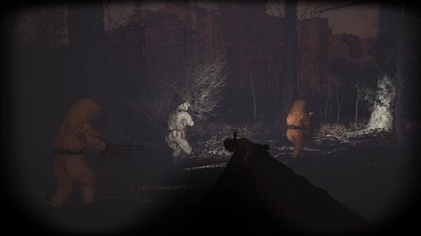 SCUM screenshot: Players in hazmat suits explore a dark forest at night, with one aiming a weapon while others move cautiously.
