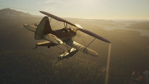 A biplane soars over a sunlit landscape with forests and lakes in a SCUM game screenshot.