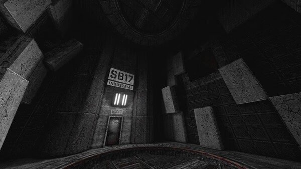 Screenshot from White Knuckle showing a dimly lit industrial corridor with an 'SB17' sign and an exit door.