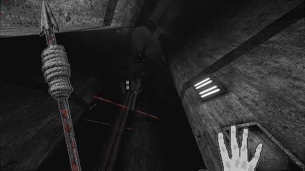 Screenshot from the game 'White Knuckle' showing a spear and hand in a dark, industrial corridor with dim lighting.