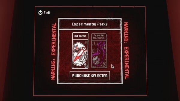 Screenshot from White Knuckle showing the Experimental Perks menu. Two perk cards, "Bad Parent" and "Teleporter Malfunction," are visible.