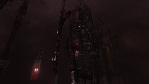Screenshot from the game White Knuckle shows a dark, industrial landscape with towering metal structures and dim red lights.