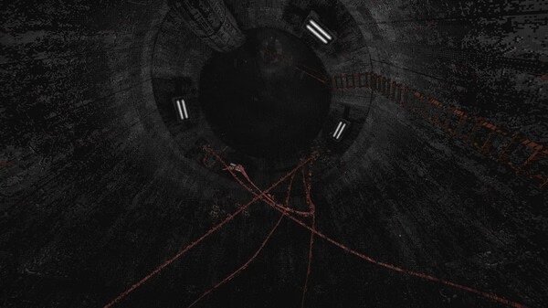 Screenshot from White Knuckle showing a dark, industrial shaft with red ropes and ladders creating a tense atmosphere.