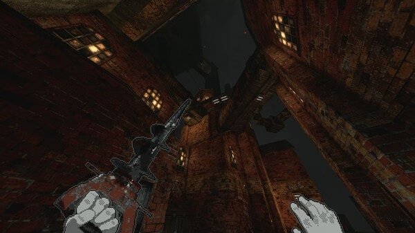 A screenshot of White Knuckle showing a player's hands holding a weapon in a dark, brick-walled industrial environment.