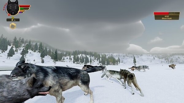 Screenshot from WolfQuest: Anniversary Edition showing a pack of wolves in snowy terrain under a cloudy sky.