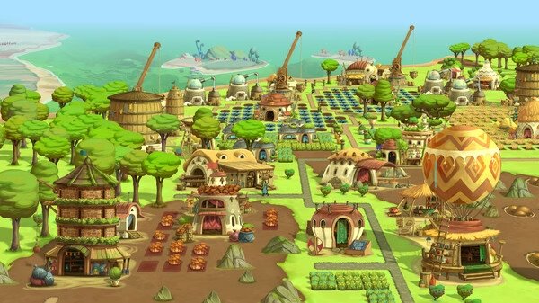 Screenshot from The Wandering Village showing a vibrant settlement with houses, farms, and structures on the back of a giant creature.