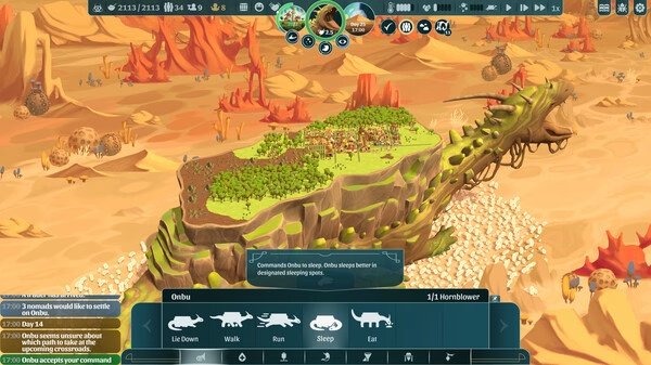 Screenshot from 'The Wandering Village': a village is built on the back of a giant creature, surrounded by a desert landscape.