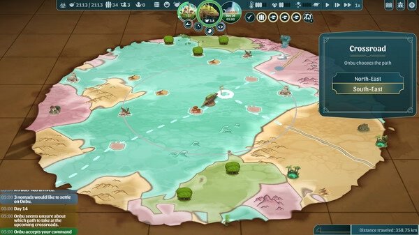 Screenshot of The Wandering Village showing a map with various biomes, paths, and a choice between North-East or South-East routes.