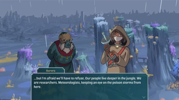 Screenshot of The Wandering Village showing two characters, one holding equipment, discussing research and poison storms in the jungle.