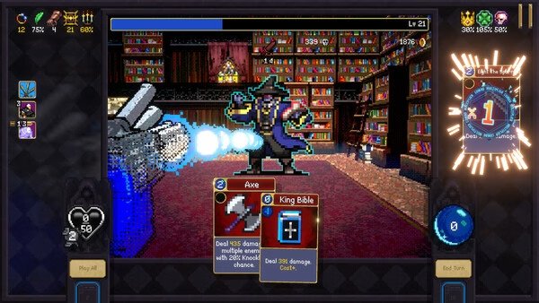 Screenshot from Vampire Crawlers: The Turbo Wildcard from Vampire Survivors showing a wizard casting spells in a library setting.
