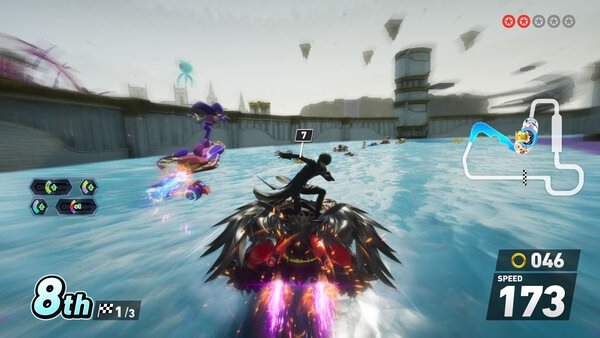 Sonic Racing: CrossWorlds screenshot: A character races on a futuristic track, surrounded by water, in eighth place, with a speed of 173.