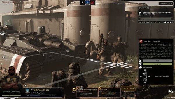 Screenshot from MENACE showing soldiers and a tank near a building, with objective details and player interface displayed.