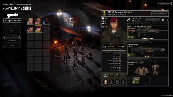 Screenshot of the game MENACE showing a squad lineup in an armory. Player character details and weapon stats are visible.