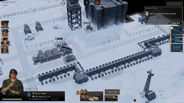 MENACE screenshot: A snowy military base with units, objectives panel, and command interface visible in a strategic gameplay view.