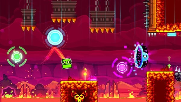 Screenshot from Geometry Dash showing a green icon navigating through a fiery level with obstacles and portals.