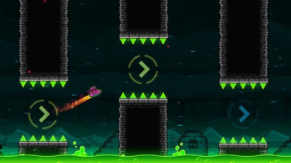 Geometry Dash screenshot: A small rocket maneuvers through a series of obstacles and spikes, navigating narrow gaps with precision.