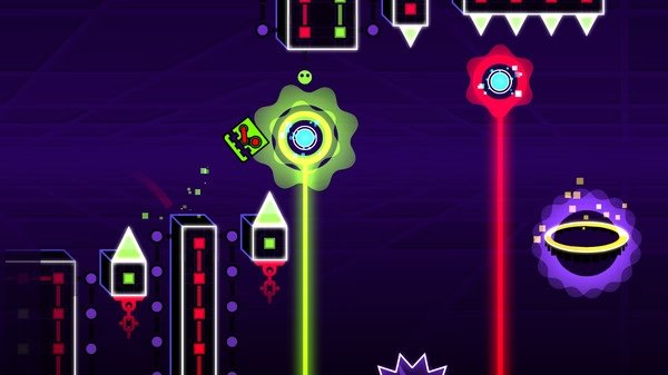 A Geometry Dash screenshot showing a green square character navigating neon obstacles and lasers in a vibrant, futuristic level.