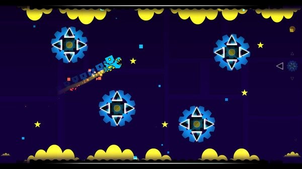 Screenshot from Geometry Dash showing a blue cube navigating through starry obstacles and gear-like shapes against a dark sky.