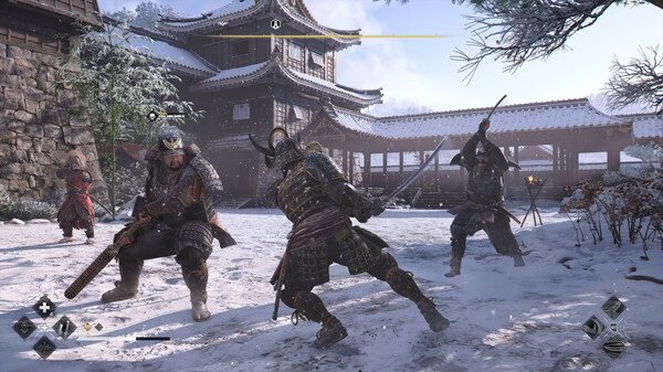 A screenshot from Assassin’s Creed Shadows showing a samurai in combat against armored enemies in a snowy Japanese courtyard.