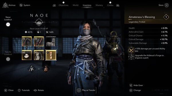 Assassin's Creed Shadows screenshot: Character in samurai armor reviewing inventory screen with various weapons and stats visible.