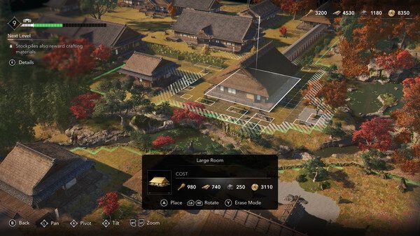 Screenshot from Assassin’s Creed Shadows showing a village layout with a "Large Room" being placed in a crafting menu.