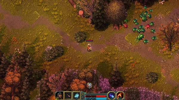 Screenshot from Heroes of Hammerwatch II showing a lone hero in a forest clearing, surrounded by trees and green creatures.