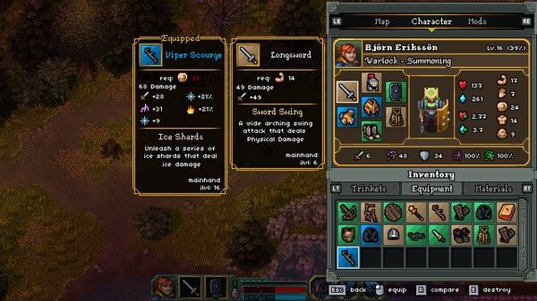 Screenshot from Heroes of Hammerwatch II showing a character inventory screen with equipped weapons and stats.