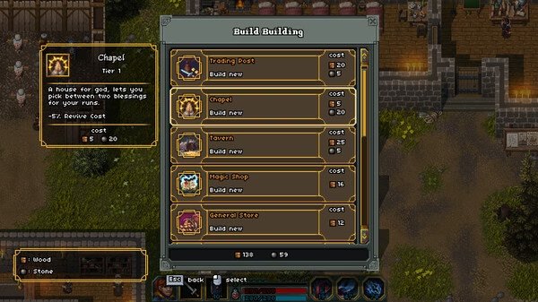 Screenshot from Heroes of Hammerwatch II showing the build menu with options like Chapel, Trading Post, and Tavern.