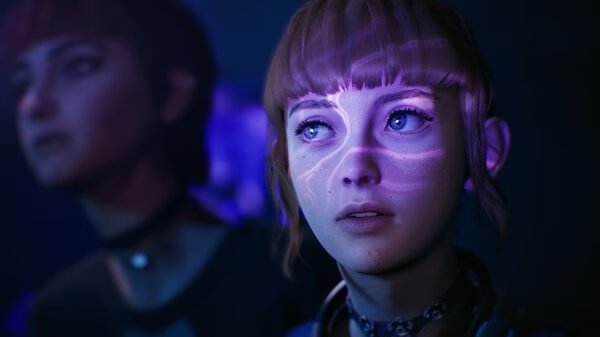 In the Lost Records: Bloom & Rage screenshot, two characters are in a dimly lit scene with purple and blue lighting.