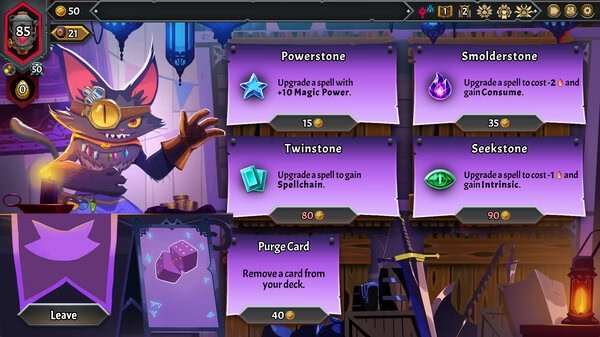 Monster Train 2 screenshot: A shopkeeper cat offers upgrades like Powerstone, Smolderstone, and card removal in a colorful shop.