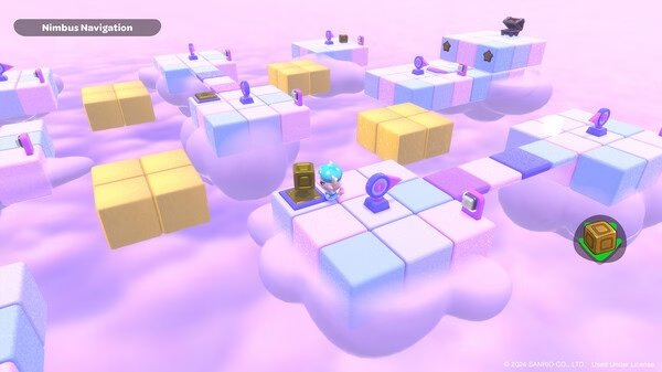 Screenshot of Hello Kitty Island Adventure showing a character navigating floating cloud platforms with puzzles and items.