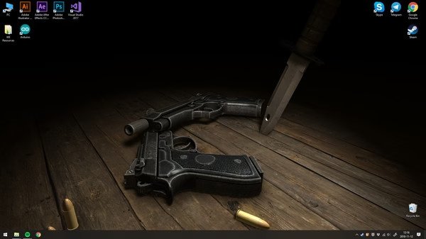 A Wallpaper Engine screenshot showing a desktop with two handguns, a knife, and bullets on a wooden surface.